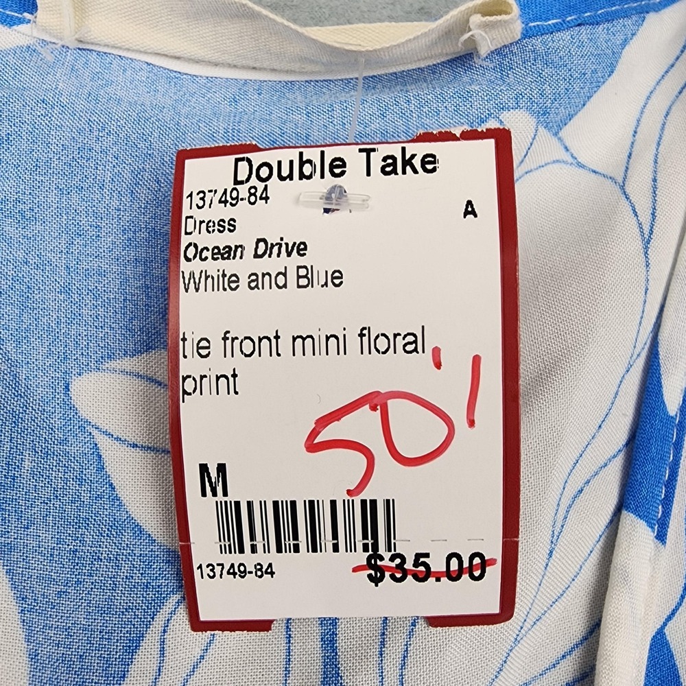Ocean Drive Dress Womens Medium Blue Floral Wrap V Neck 3/4 Sleeve Ruffle Mini - Picture 2 of 10